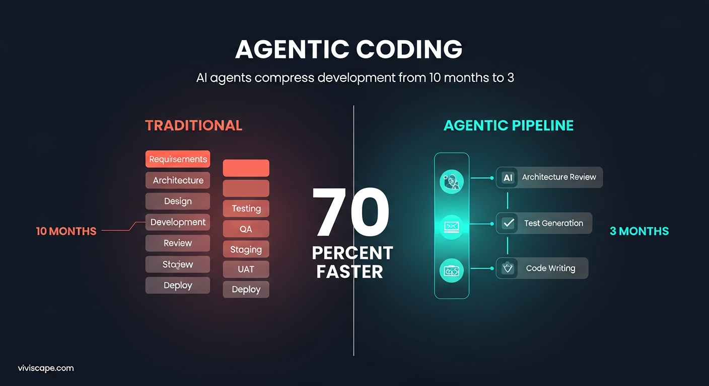 Split view showing traditional software development timeline of 10 months versus agentic coding pipeline delivering in 3 months with AI agents handling architecture review test generation and code writing