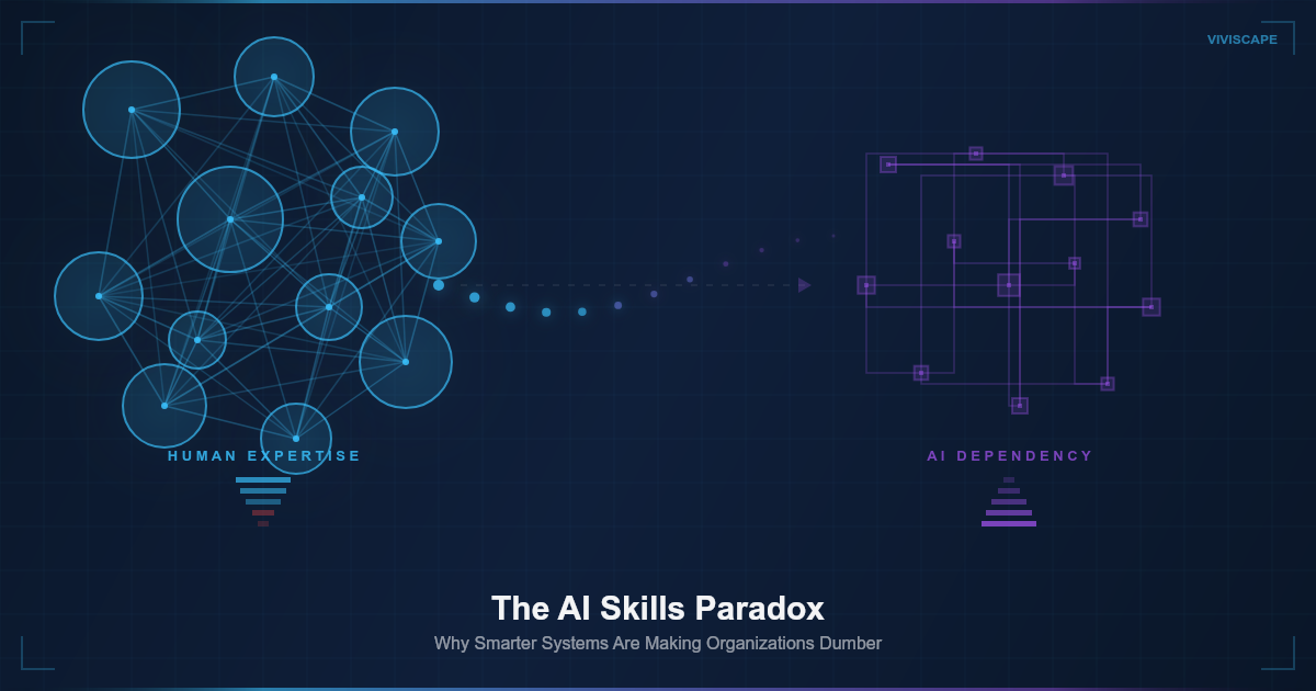 The tension between smarter AI systems and organizational intelligence, showing human expertise alongside AI dependency