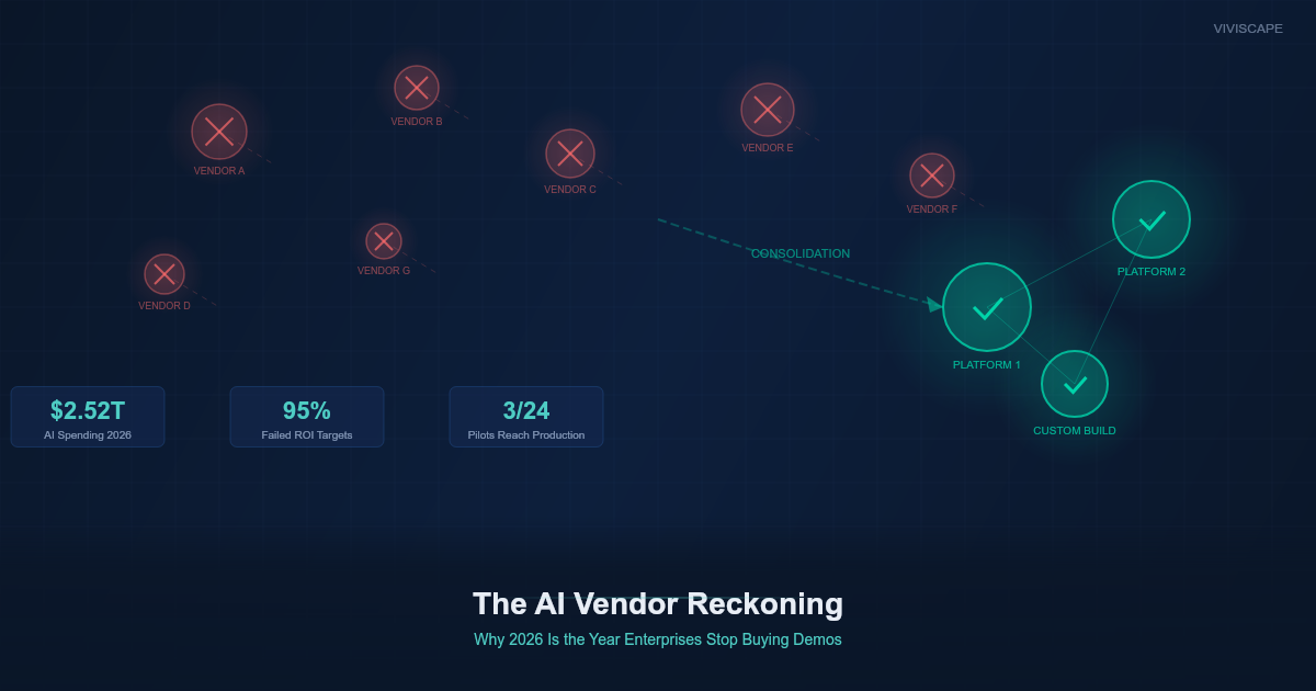 Enterprise leaders evaluating AI vendor contracts with data dashboards showing outcome metrics versus demo promises