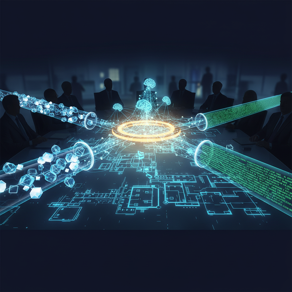 Three glowing digital conduits — an API data pipe, an MCP neural lattice, and a CLI terminal beam — converging into a central enterprise orchestration core above an architectural blueprint