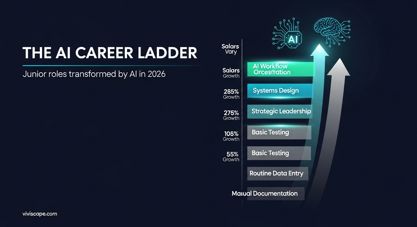 Career ladder diagram showing traditional entry-level rungs being transformed by AI automation with new rungs representing AI-augmented skills and higher-value work for junior professionals