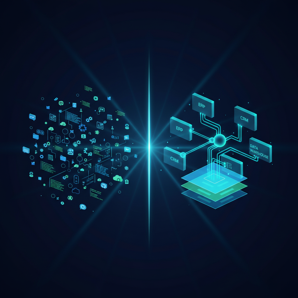 A split visualization contrasting fragmented SaaS-style automation icons on the left with an interconnected enterprise orchestration architecture on the right