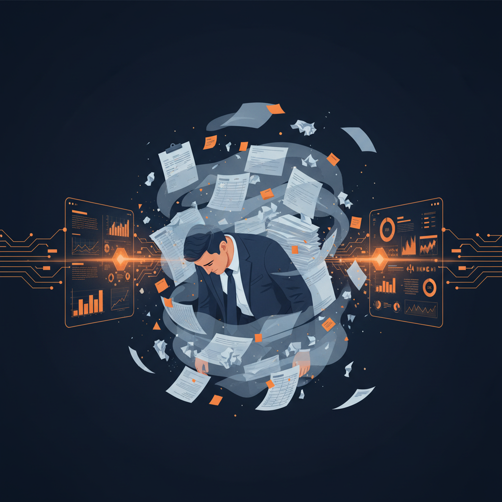 A business professional surrounded by swirling paperwork and spreadsheets being dissolved into structured software workflows, visualizing the Manual Work Tax