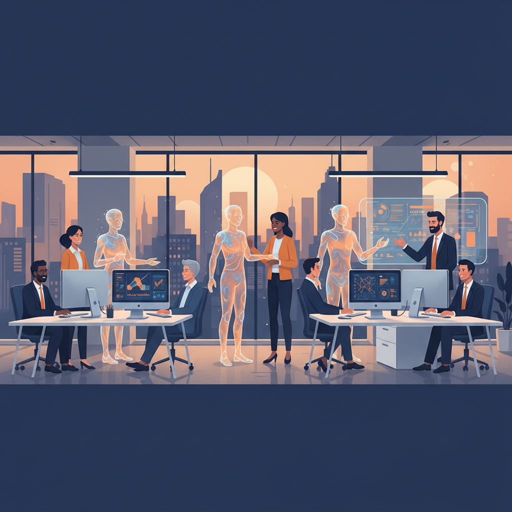 AI agents working alongside human colleagues in a modern office environment