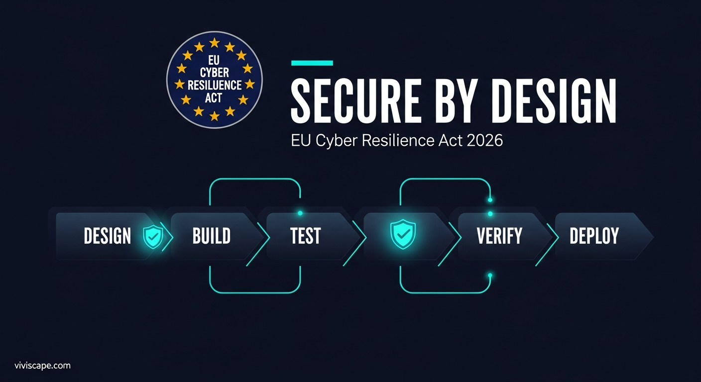 Software development timeline showing security integration points from design through deployment under EU Cyber Resilience Act compliance requirements