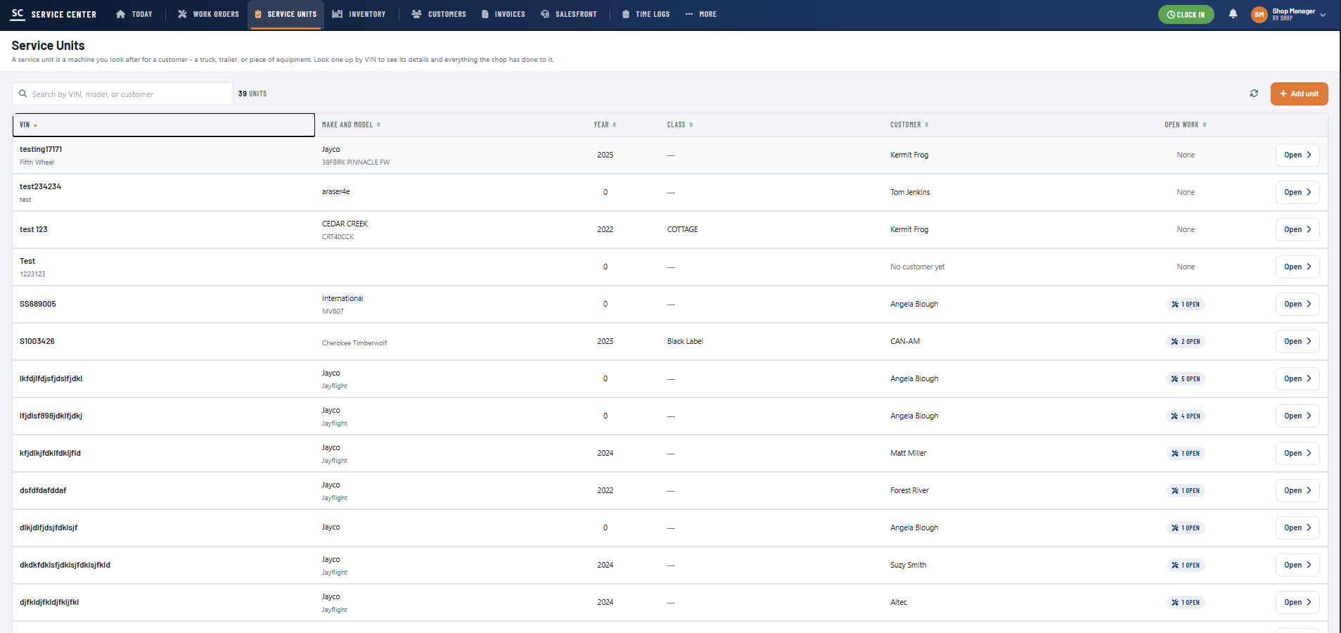 Service Center Service Units list searchable by VIN with make, model, year, class, customer and count of open work