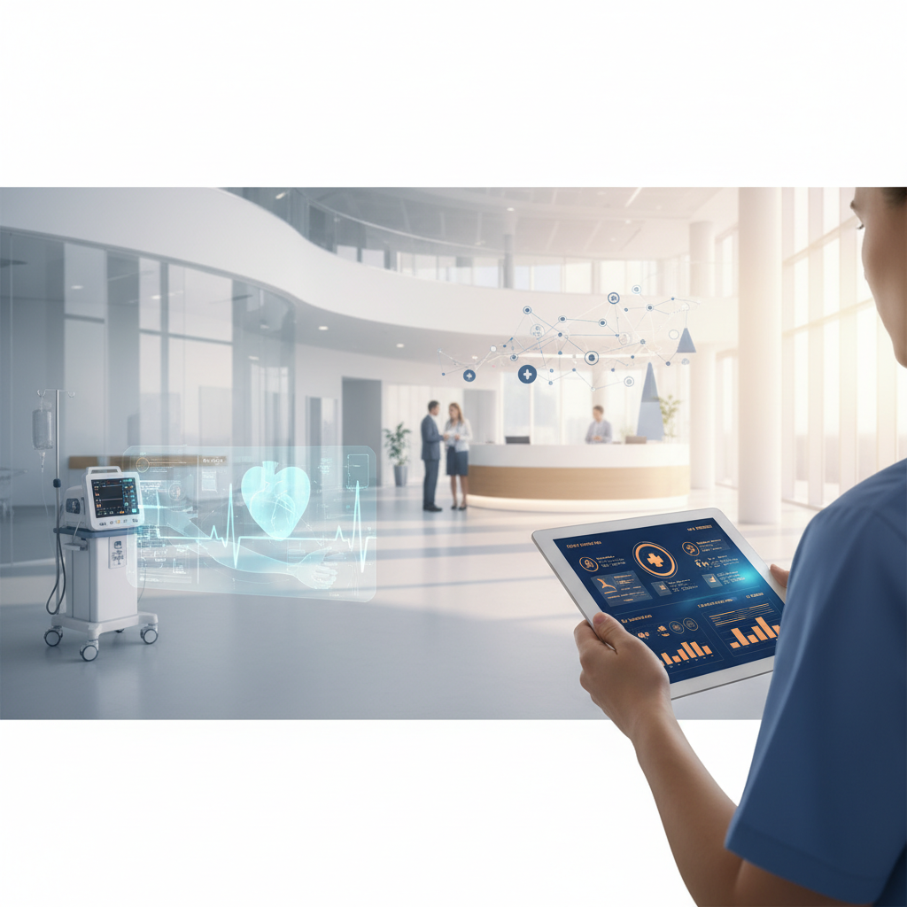 Modern healthcare facility with digital patient dashboards and connected medical technology