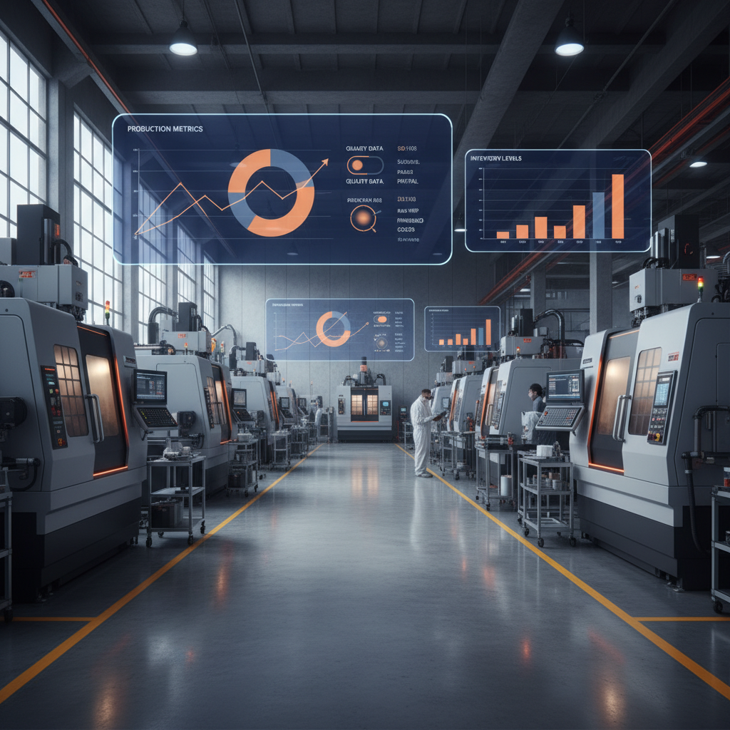Modern manufacturing floor with digital production dashboards and real-time analytics overlays