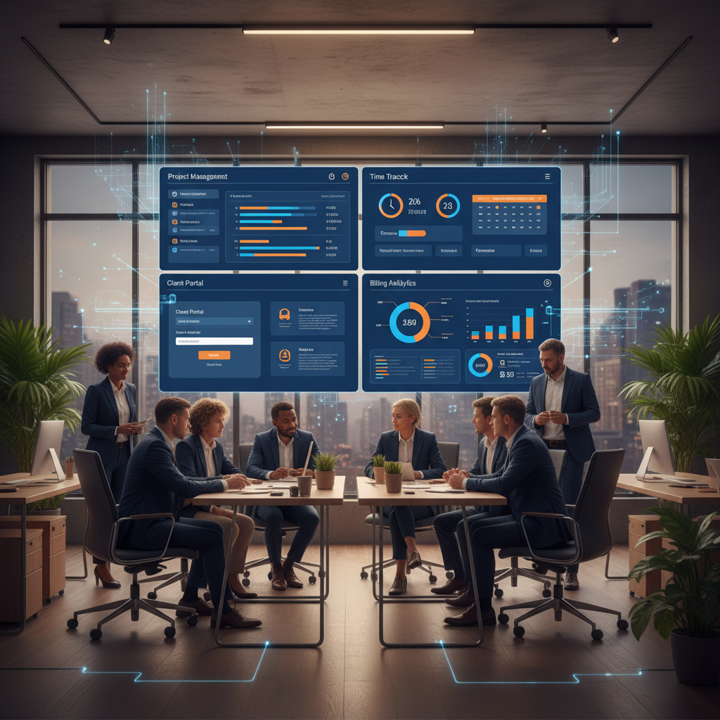 Modern office with project management dashboards, billing analytics, and team collaboration technology